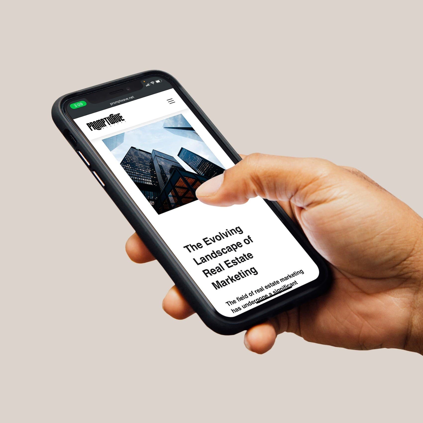 Phone showing promptwave.net on a real-estate marketing article.